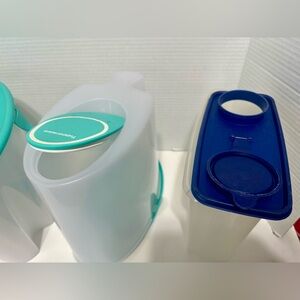 3 total Tupperware Cereal Storage Containers 2 White and Teal, 1 Clear and Blue